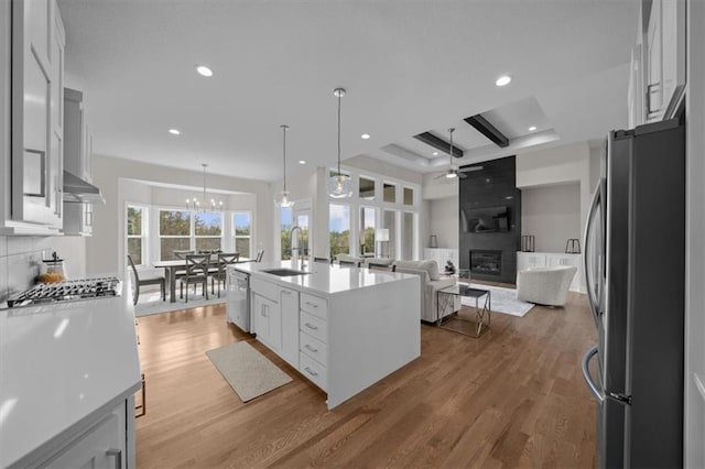 6309 NW 58th Ter, Kansas City, MO 64151 - kitchen featuring white cabinets, a sink, ceiling fan with notable chandelier, a fireplace, and appliances with stainless steel finishes