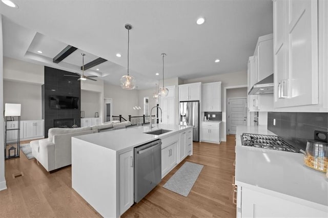 6309 NW 58th Ter, Kansas City, MO 64151 - kitchen with white cabinetry, appliances with stainless steel finishes, ceiling fan, and a sink