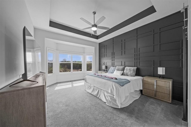 6309 NW 58th Ter, Kansas City, MO 64151 - bedroom with a ceiling fan, carpet floors, a raised ceiling, and a decorative wall
