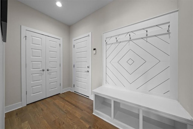 6309 NW 58th Ter, Kansas City, MO 64151 - mudroom with baseboards, dark wood-style flooring, and recessed lighting
