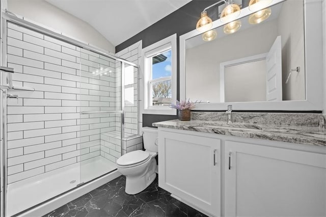 6309 NW 58th Ter, Kansas City, MO 64151 - bathroom featuring marble finish floor, vaulted ceiling, toilet, vanity, and a stall shower