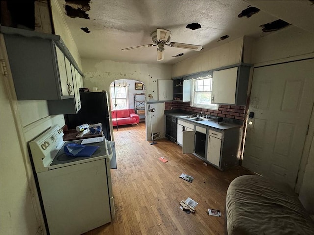 kitchen with a ceiling fan, electric range, light wood-type flooring, a textured ceiling, and a sink