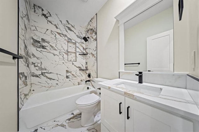 bathroom with toilet, vanity, shower / bathtub combination, and marble finish flooring