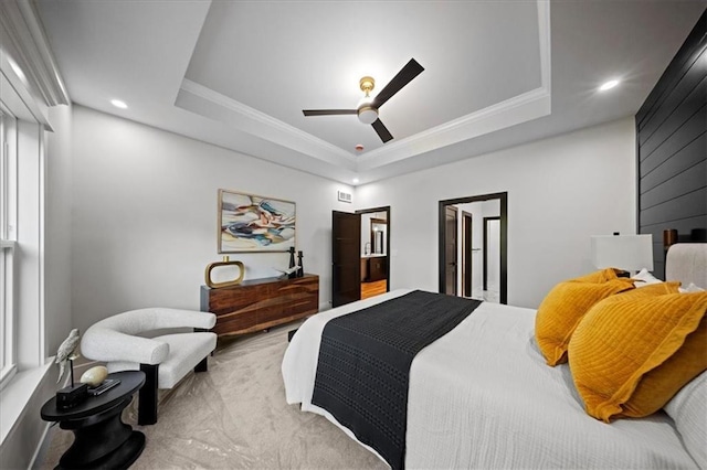 bedroom with a raised ceiling, crown molding, recessed lighting, ceiling fan, and carpet