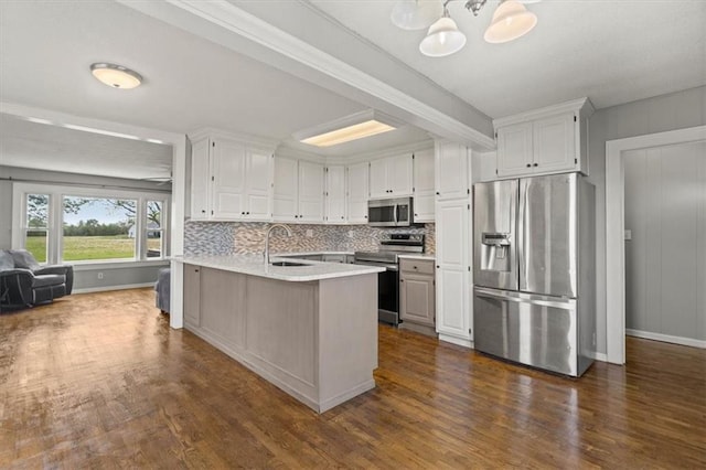 kitchen with stainless steel appliances, a peninsula, a sink, dark wood finished floors, and light countertops