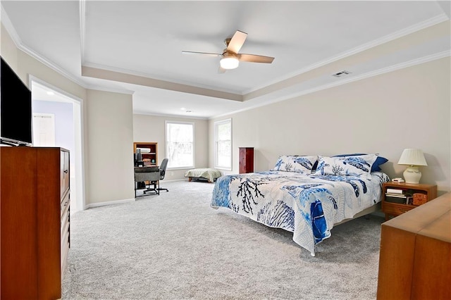 6600 W 125th Ter, Overland Park, KS 66209 - carpeted bedroom featuring crown molding, a raised ceiling, an office area, baseboards, and a ceiling fan