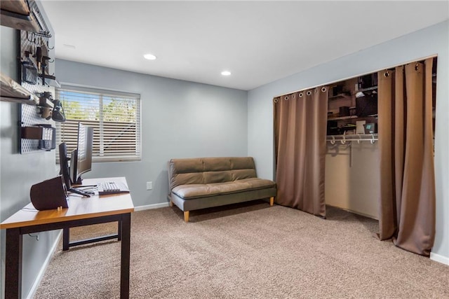 sitting room featuring recessed lighting, baseboards, and carpet