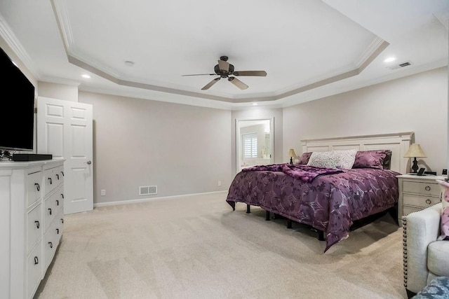 10863 S Cedar Niles Cir, Olathe, KS 66061 - bedroom with a tray ceiling, crown molding, light colored carpet, baseboards, and recessed lighting