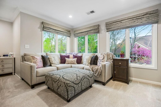 10863 S Cedar Niles Cir, Olathe, KS 66061 - living room featuring ornamental molding, light carpet, baseboards, and recessed lighting
