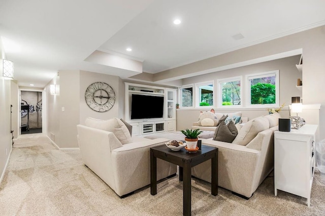10863 S Cedar Niles Cir, Olathe, KS 66061 - living area featuring light carpet, ornamental molding, recessed lighting, and baseboards