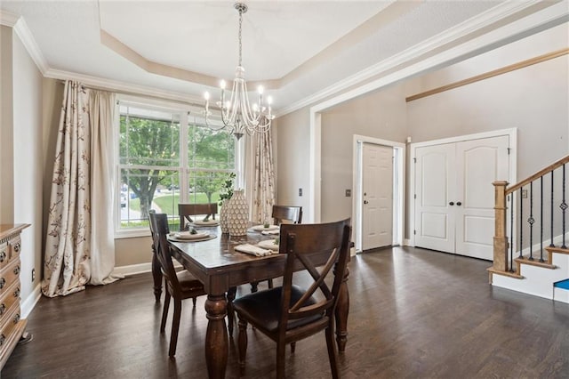 dining room with ornamental molding, stairs, a chandelier, and dark wood-style floors