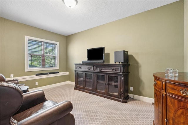 living area featuring carpet floors, baseboards, and a textured ceiling