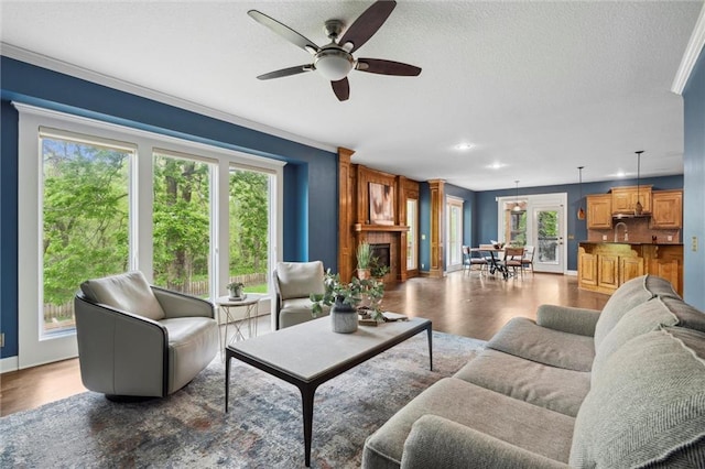 living room featuring baseboards, ceiling fan, wood finished floors, and a wealth of natural light