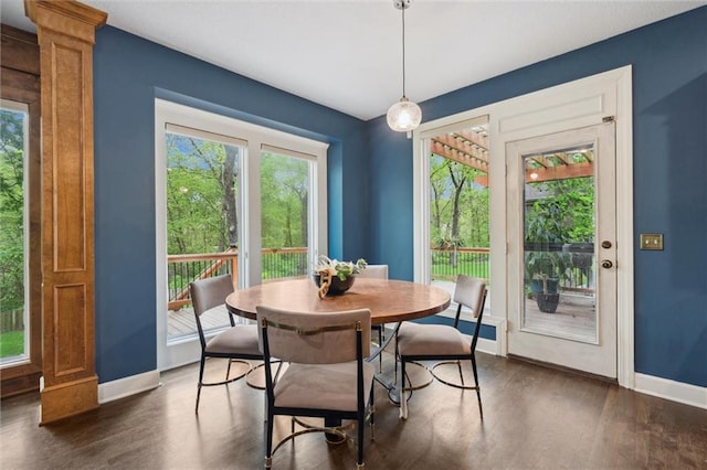 dining space featuring baseboards and dark wood-style floors