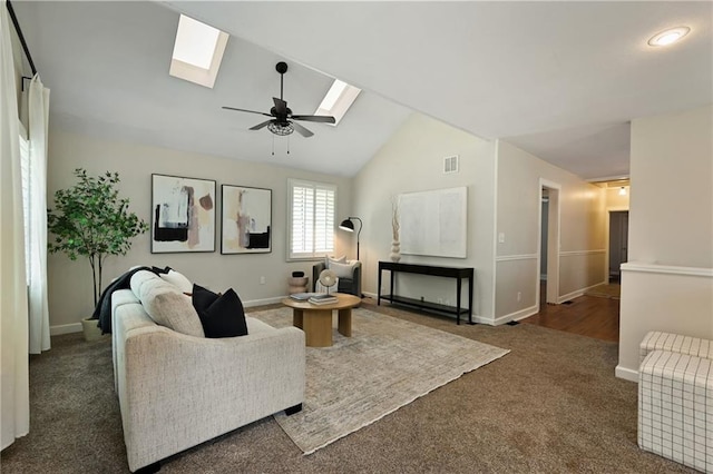 2616 W 47th Ter, Westwood, KS 66205 - living area featuring a skylight, carpet, lofted ceiling, and a ceiling fan