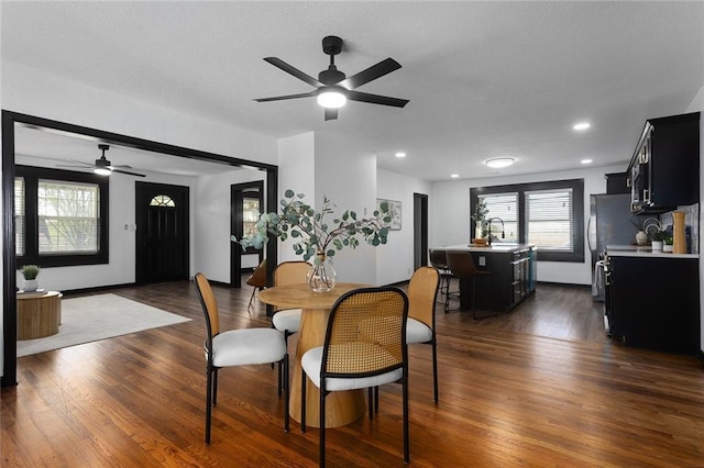 206 SW 22nd St, Blue Springs, MO 64015 - dining area with ceiling fan, dark wood-style floors, and recessed lighting