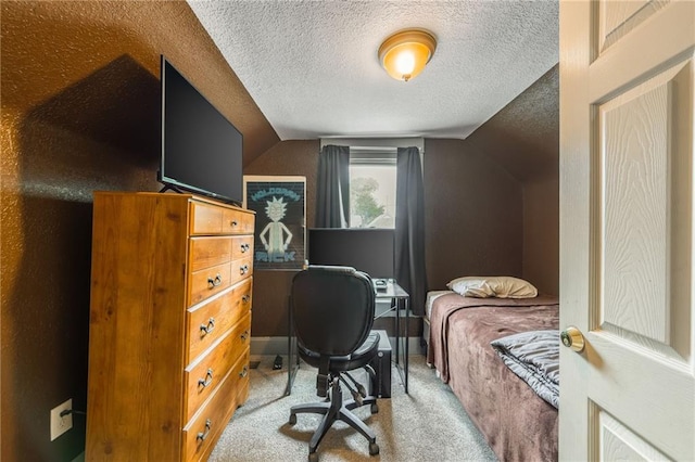 carpeted bedroom featuring baseboards, vaulted ceiling, and a textured ceiling