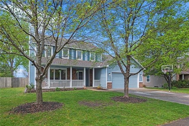 view of front of house featuring a garage, fence, brick siding, concrete driveway, and a porch