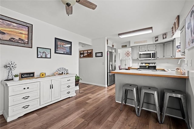 kitchen with a sink, dark wood finished floors, stainless steel appliances, a ceiling fan, and a peninsula