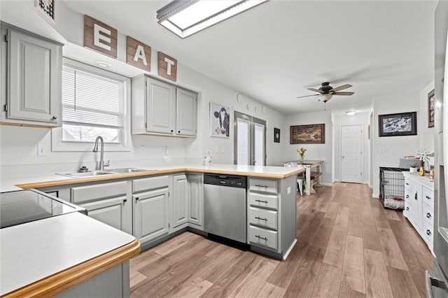 kitchen featuring a peninsula, gray cabinetry, and dishwasher