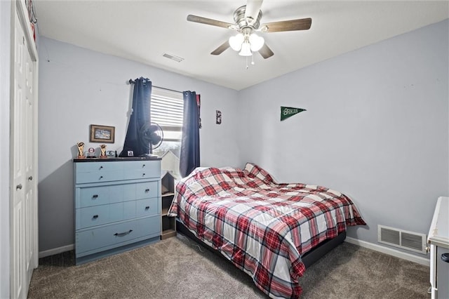 bedroom featuring baseboards, carpet flooring, and visible vents