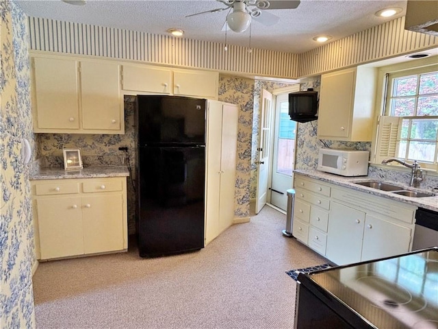 610 S Woodland St, Pittsburg, KS 66762 - kitchen with wallpapered walls, white microwave, freestanding refrigerator, a sink, and plenty of natural light
