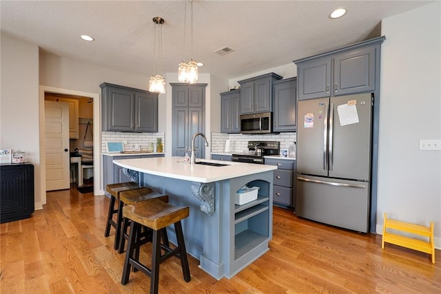 1008 SW Whippoorwill Ln, Oak Grove, MO 64075 - kitchen featuring appliances with stainless steel finishes, light countertops, decorative backsplash, gray cabinets, and a kitchen breakfast bar