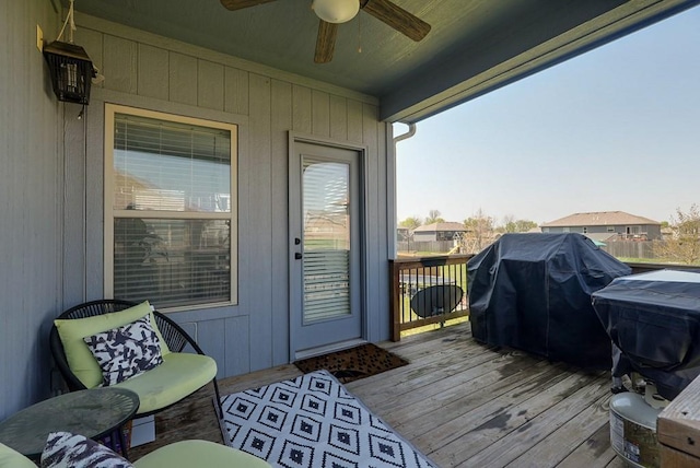 1008 SW Whippoorwill Ln, Oak Grove, MO 64075 - wooden terrace featuring a ceiling fan and grilling area
