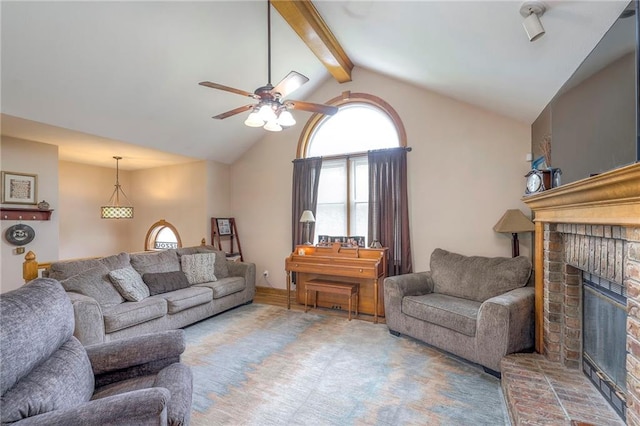 12448 NW Blackwood Dr, Adrian, MO 64720 - living room with carpet, beam ceiling, a brick fireplace, high vaulted ceiling, and ceiling fan