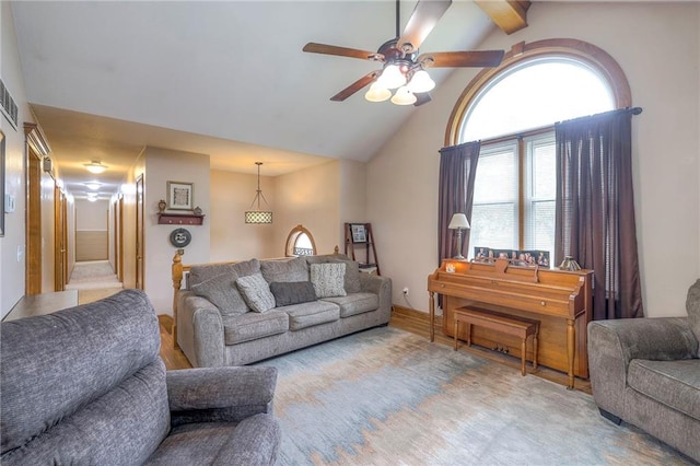 12448 NW Blackwood Dr, Adrian, MO 64720 - living room featuring high vaulted ceiling and ceiling fan