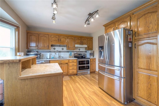 12448 NW Blackwood Dr, Adrian, MO 64720 - kitchen featuring under cabinet range hood, stainless steel appliances, light countertops, a sink, and light wood-style floors