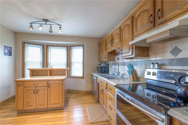 12448 NW Blackwood Dr, Adrian, MO 64720 - kitchen featuring a sink, appliances with stainless steel finishes, light wood-style flooring, backsplash, and under cabinet range hood