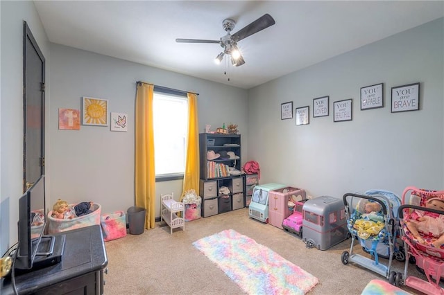 12448 NW Blackwood Dr, Adrian, MO 64720 - game room with ceiling fan and carpet