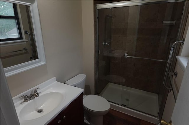 bathroom featuring a shower stall, toilet, and vanity