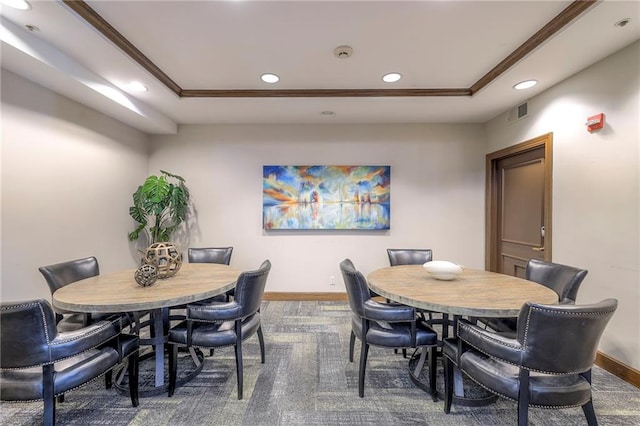 4949 Wornall Rd Unit 203, Kansas City, MO 64112 - dining room with recessed lighting, a raised ceiling, baseboards, and dark carpet