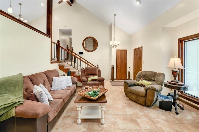 2501 Olde Creek Ct S, Leavenworth, KS 66048 - living area with stairs, high vaulted ceiling, healthy amount of natural light, a chandelier, and a ceiling fan