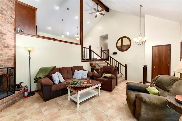 2501 Olde Creek Ct S, Leavenworth, KS 66048 - living room with stairway, ceiling fan, high vaulted ceiling, beamed ceiling, and a fireplace