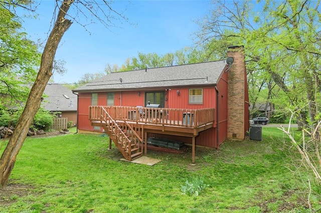 2501 Olde Creek Ct S, Leavenworth, KS 66048 - back of property with a deck, a yard, a chimney, stairs, and a shingled roof