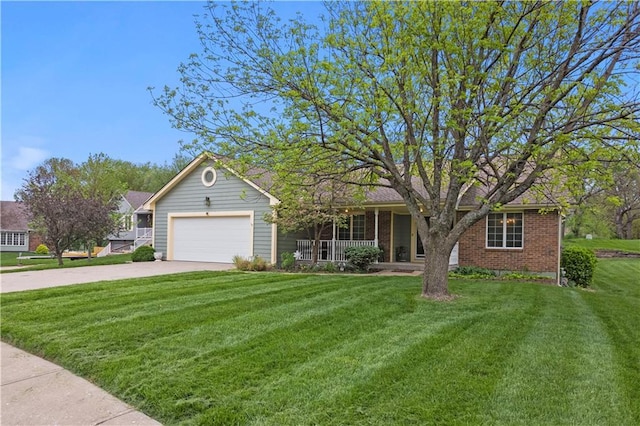 view of front facade with a porch, a garage, brick siding, a front lawn, and concrete driveway