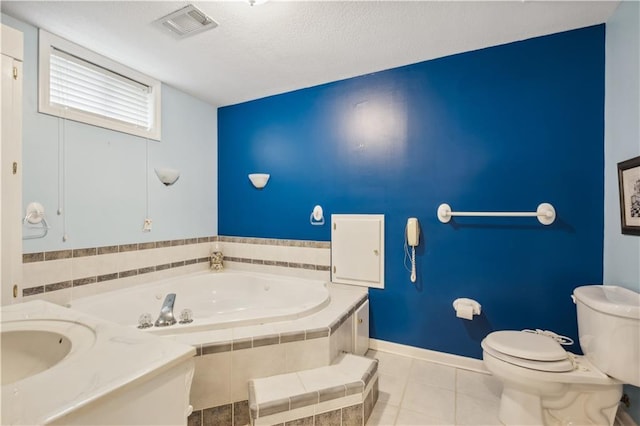 full bath with a garden tub, visible vents, tile patterned flooring, baseboards, and toilet