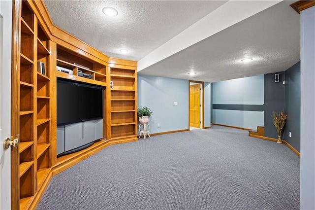 interior space with baseboards, recessed lighting, a textured ceiling, and carpet floors