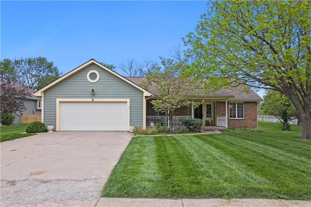 single story home featuring brick siding, a garage, a porch, a front yard, and driveway