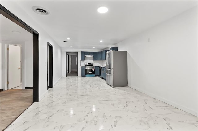 kitchen featuring blue cabinets, baseboards, appliances with stainless steel finishes, visible vents, and recessed lighting