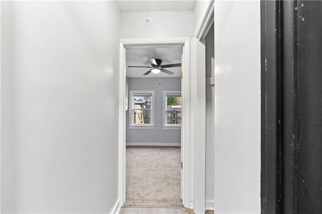 hallway with baseboards and wood finished floors