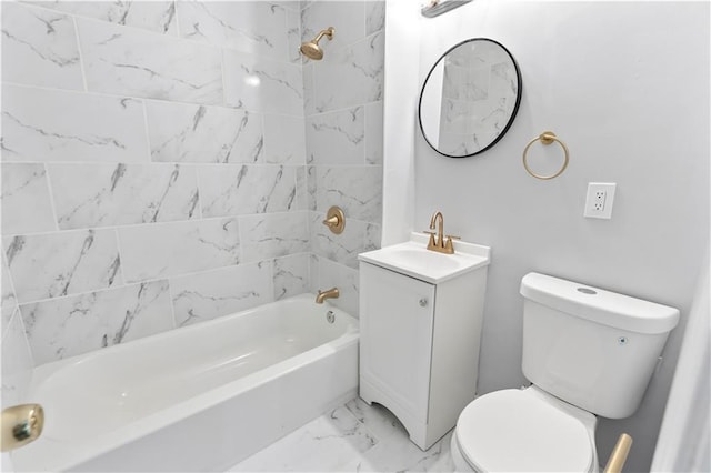 bathroom with marble finish floor, toilet, vanity, and  shower combination