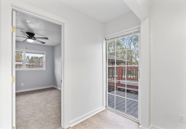 doorway to outside featuring a ceiling fan, baseboards, and a wealth of natural light