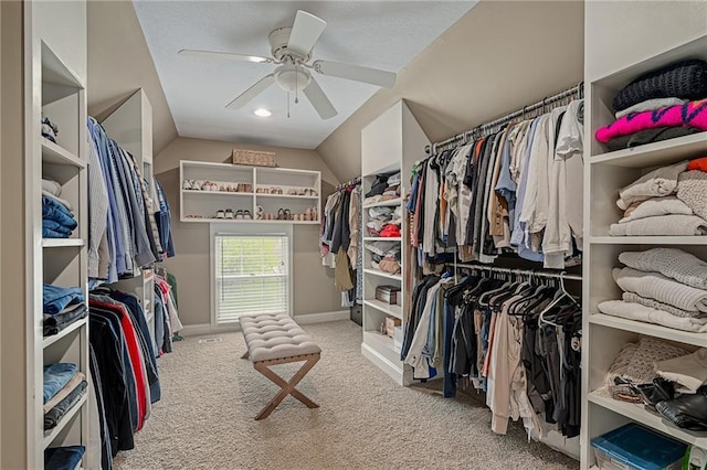 walk in closet featuring carpet floors, a ceiling fan, and vaulted ceiling