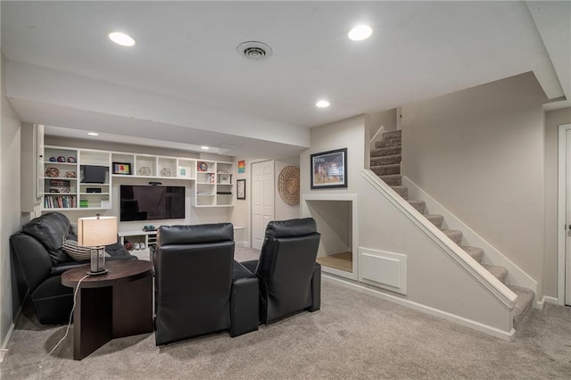 living room with carpet, recessed lighting, baseboards, visible vents, and stairway