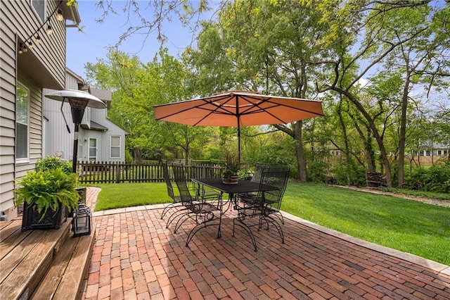 view of patio featuring fence and outdoor dining area