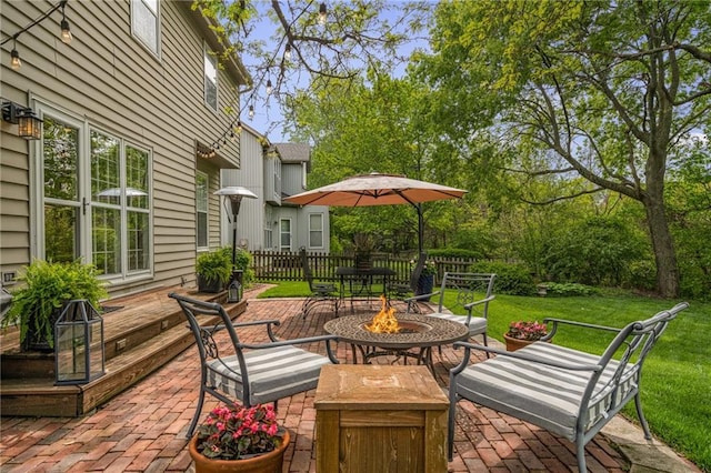 view of patio / terrace featuring a fire pit